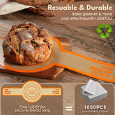 Comparison between LUSHYUM non-stick silicone bread sling and disposable parchment paper, showing zero sticking and reusable benefits